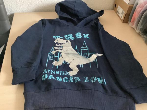 Kinder Kapuzenpulli "T-Rex Attention Danger Zone" navy mit Dinosaurier-Motiv Größe 122